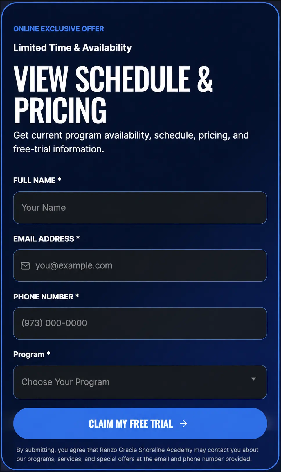 Schedule and pricing form